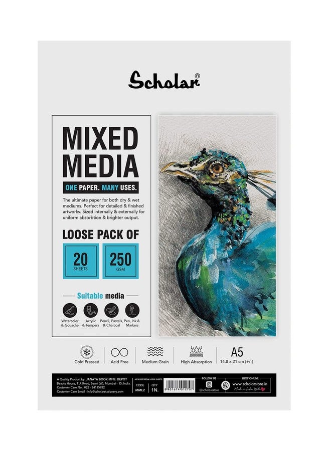 Scholar Mixed Media Paper | 250 GSM Cold Pressed Medium Grain | 20 Loose Sheets | Premium Artist Paper for Watercolour, Acrylic, Ink, Pencil & Mixed Media Art Practice (A5) (MML2) - Image 1